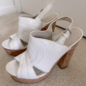 Nine West White Tan Cork Open Toe Block Heels Size 7.5